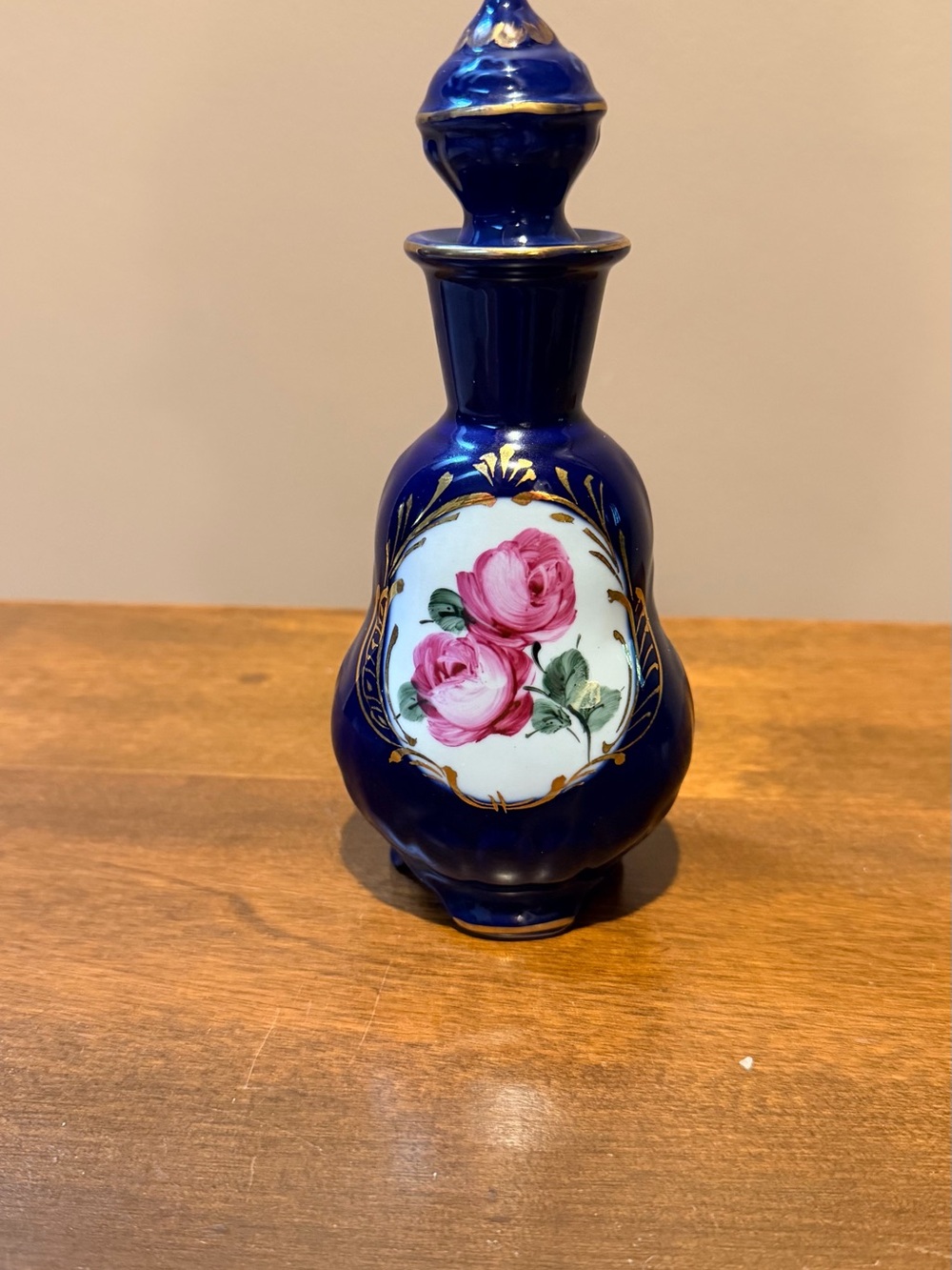 Limoges Cobalt Blue Porcelain Bottle with Pink Rose Medallion